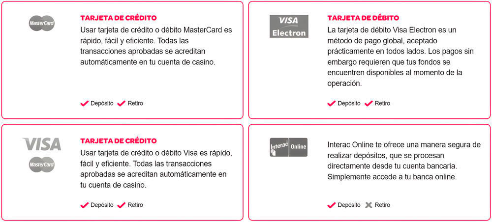 Métodos de transacción en Spin Palace