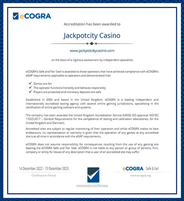 Licencias y seguridad en Jackpot City Casino